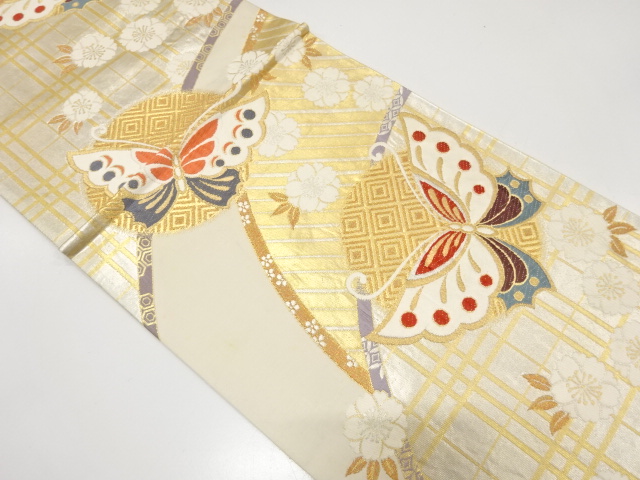 アンティーク　雪輪に蝶・桜模様織り出し袋帯（材料）